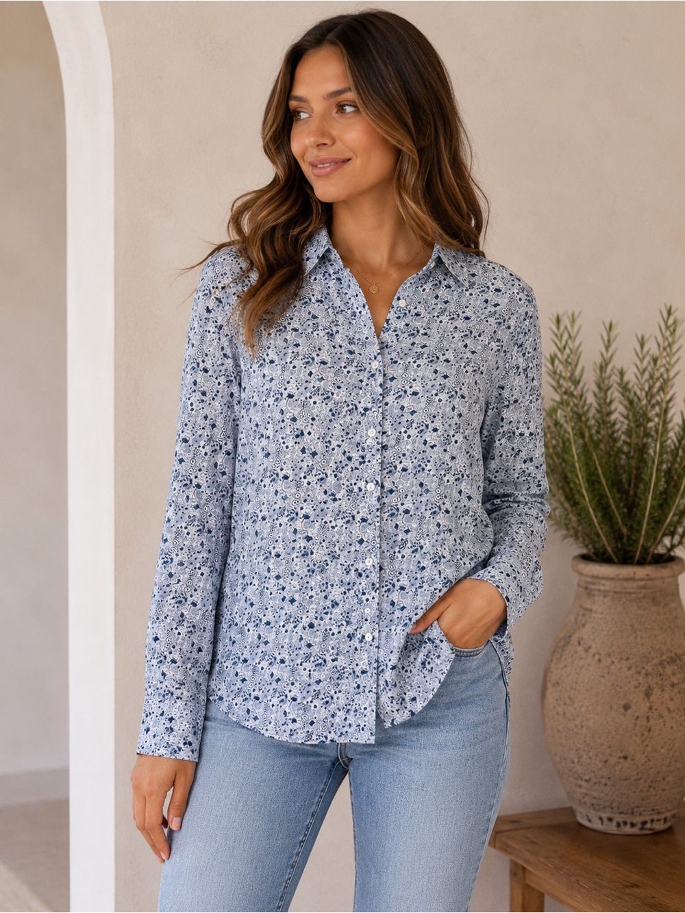 Cynthia Rowley 100% Linen Blue Floral Button Front‎ Shirt Size Medium